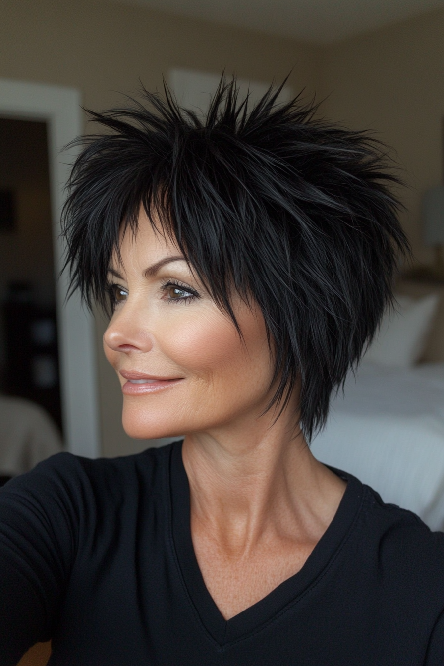 16. Natural Black Spiky Shag Pixie (Spiky Short Haircuts für Frauen über 60) - Stachelnde kurze Haarschnitte für Frauen über 60