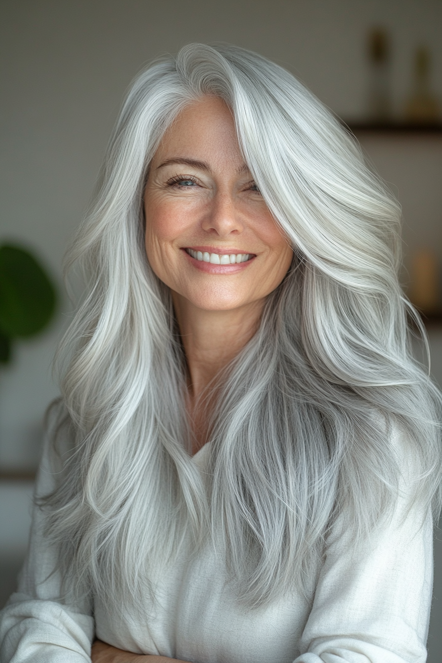 16. Perle graue voluminöse Schichten (längere Frisuren für ältere Frauen) - längere Frisuren für ältere Frauen