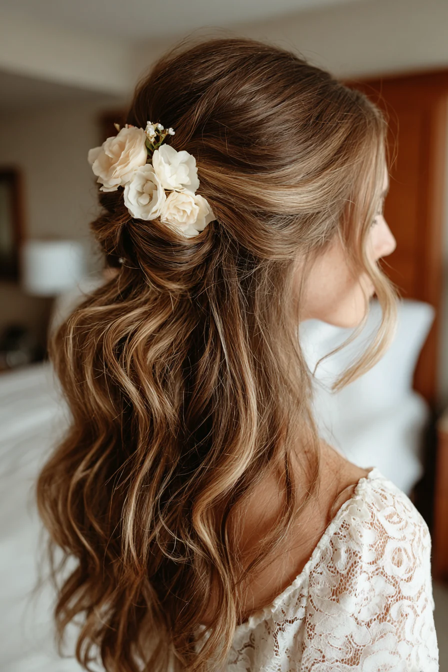 16. Zurückgesteckte Schichten in sanftem Karamellbraun (Brautjungfernfrisuren) – Brautjungfernfrisuren