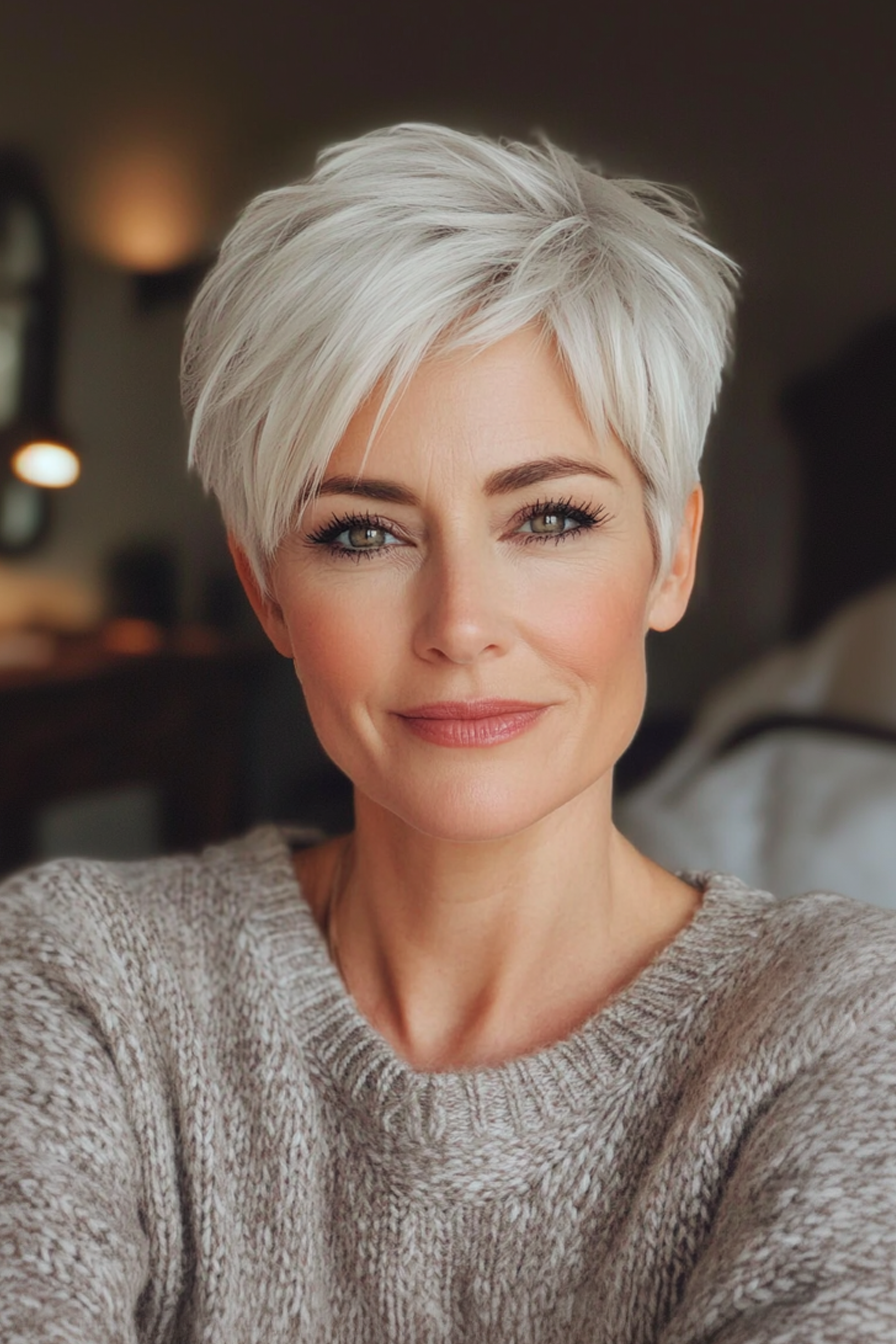 16. Platingeschichtetes Pixie (lange Pixie -Haarschnitte für ältere Frauen) - Lange Pixie -Haarschnitte für ältere Frauen