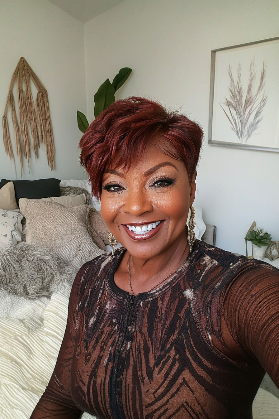 16. Rasiermessergeschnittener Pixie in weichem Mahagoni (Pixie-Haarschnitte für schwarze Frauen über 60) – Pixie-Haarschnitte für schwarze Frauen über 60