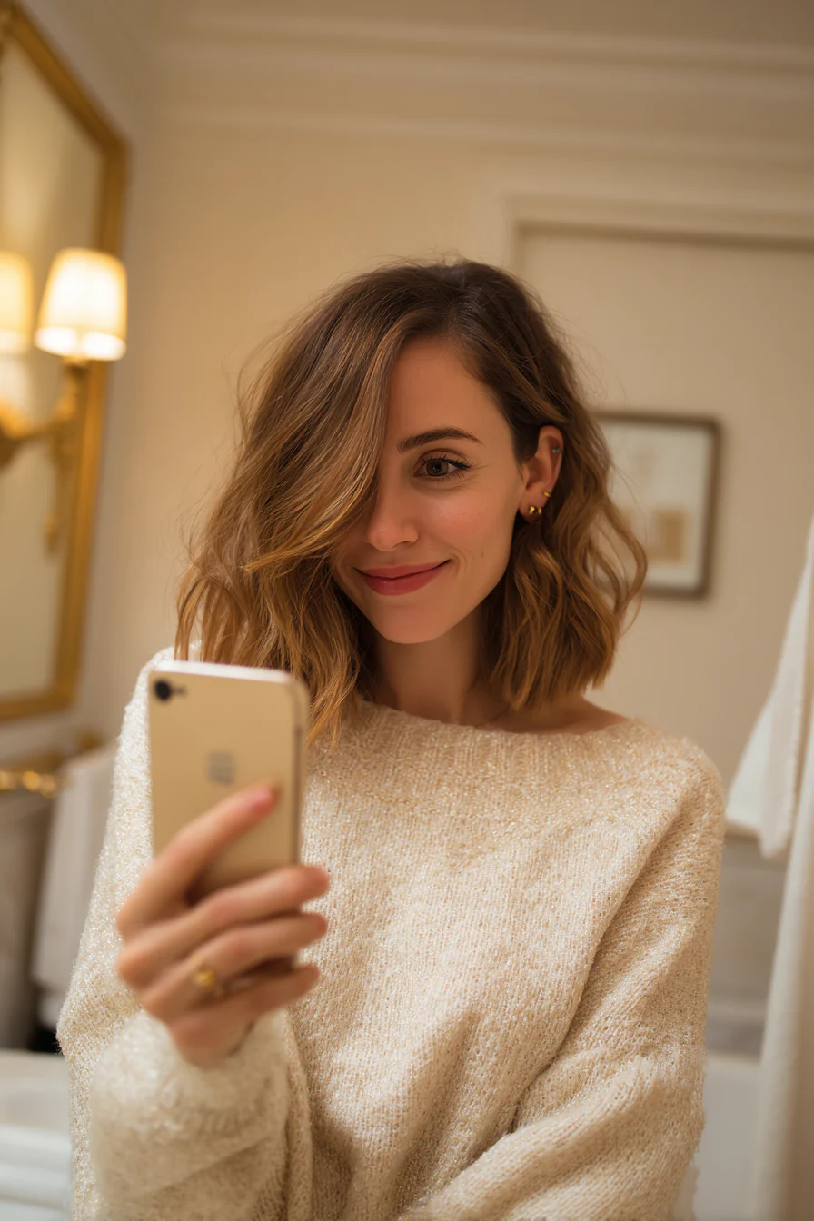 16. Abgerundeter Schnitt mit goldenem Kastanienglanz (Schulterlange Frisuren für Frauen) – Schulterlange Frisuren für Frauen