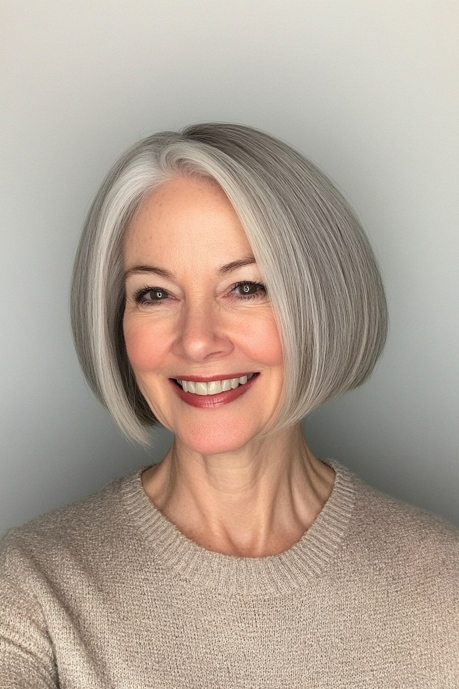 16. Salt-and-Pepper-Kurzstapel-Bob (gestapelte Haarschnitte für ältere Frauen)-Stapelte Haarschnitte für ältere Frauen