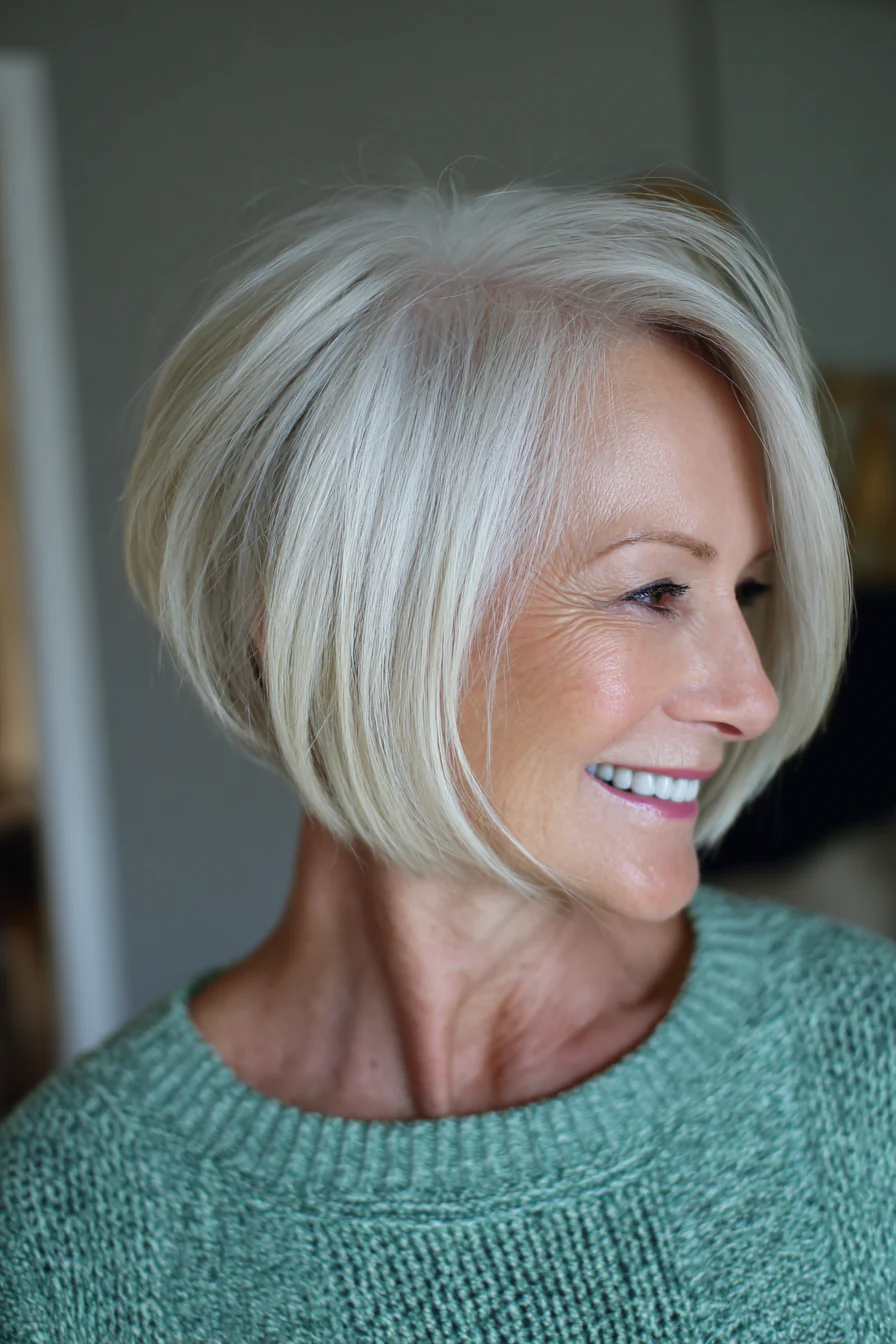 16. Geformter Kronen-Bob in Eisblond (Haarschnitte für Frauen über 60 mit schütterem Haar) – Haarschnitte für Frauen über 60 mit schütterem Haar