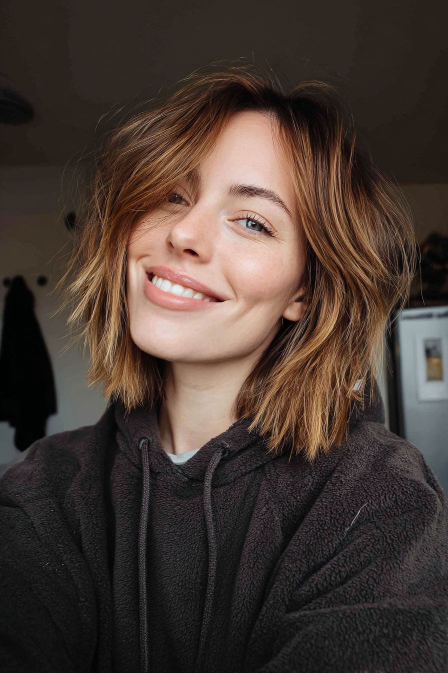 16. zerbrochener Lob mit Bronze -Balayage (abgehackte geschichtete Frisuren) - abgehackte, geschichtete Frisuren