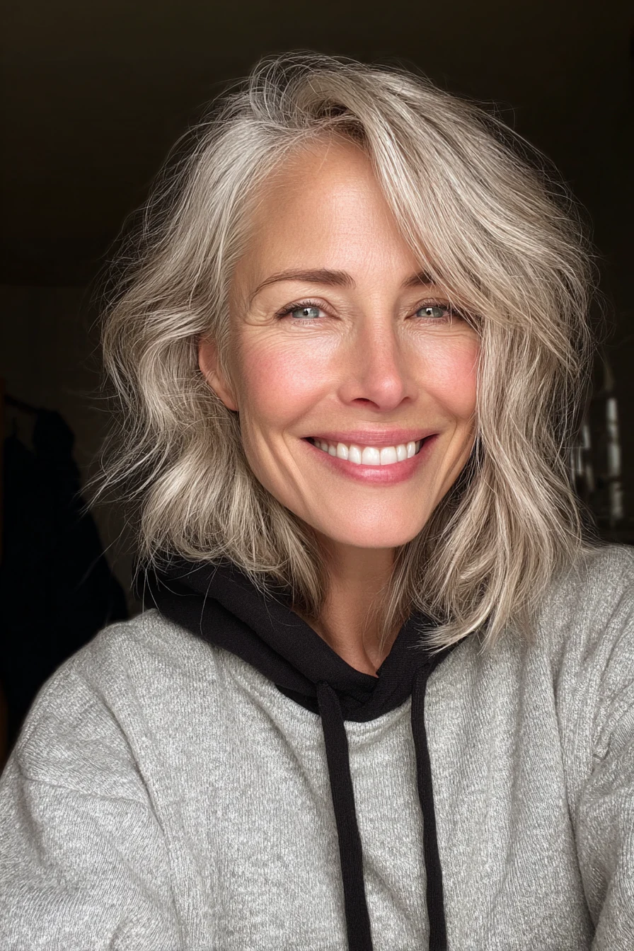 16. Schulterbürstender Shag in kühlem Beigeblond (kurze mittellange Frisuren für Frauen über 50) – Kurze mittellange Frisuren für Frauen über 50