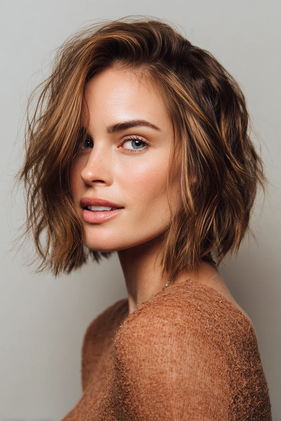 16. Seitlich geteilter Bob mit warmen kastanienbraunen Highlights (Haarschnitt-Ideen für Frauen) – Haarschnitt-Ideen für Frauen