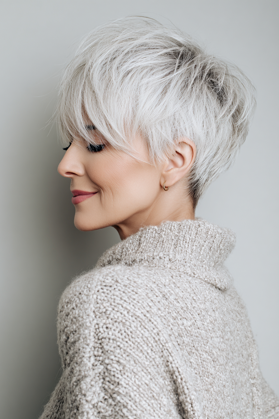 16. Seitenpixie mit eisigen Highlights (kurze Haarschnitte für ältere Frauen mit weißem Haar) - kurze Haarschnitte für ältere Frauen mit weißem Haar