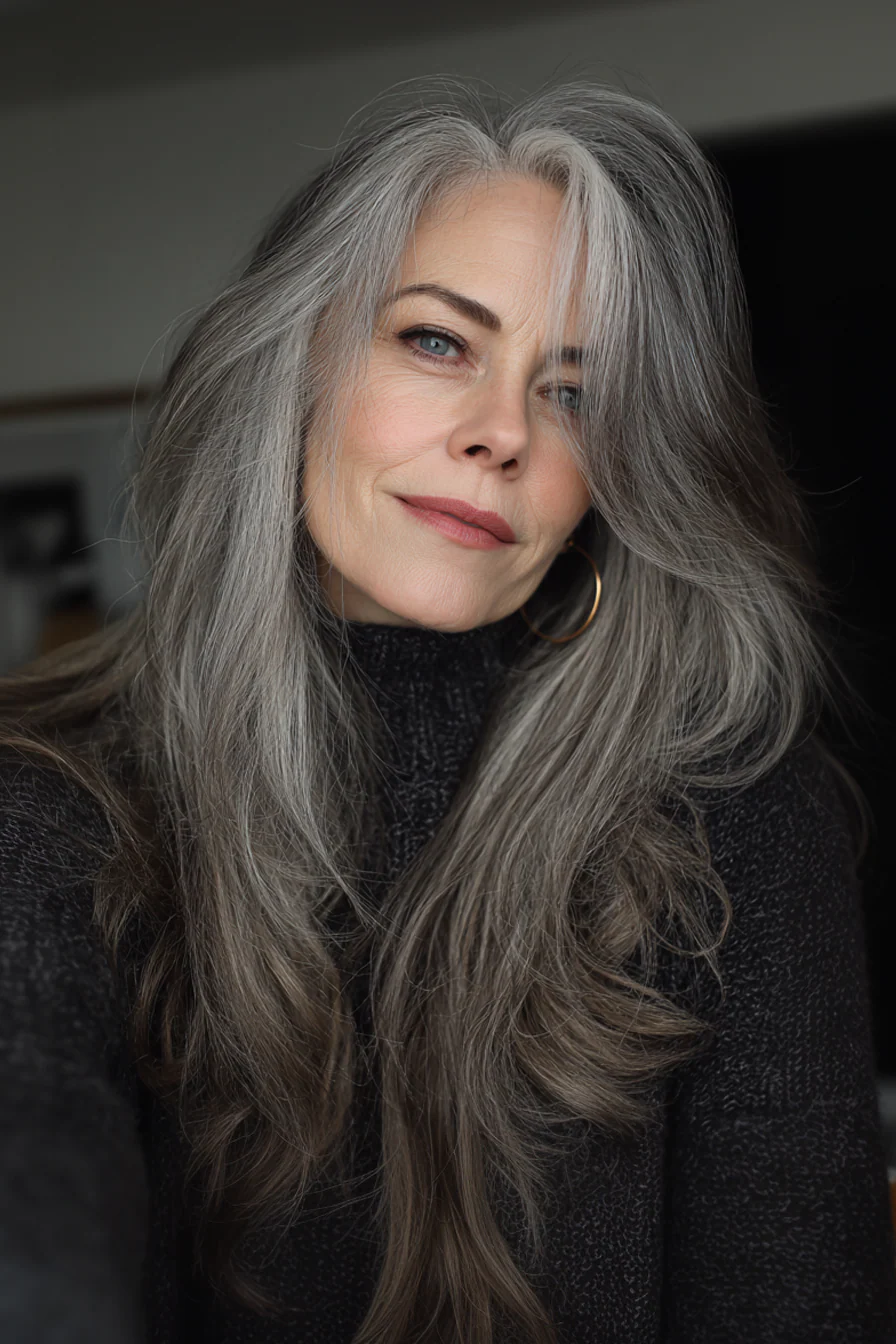 16. Rauchgrauer langer Shag mit angehobener Krone (Long Shag-Frisuren für ältere Frauen) – Long Shag-Frisuren für ältere Frauen