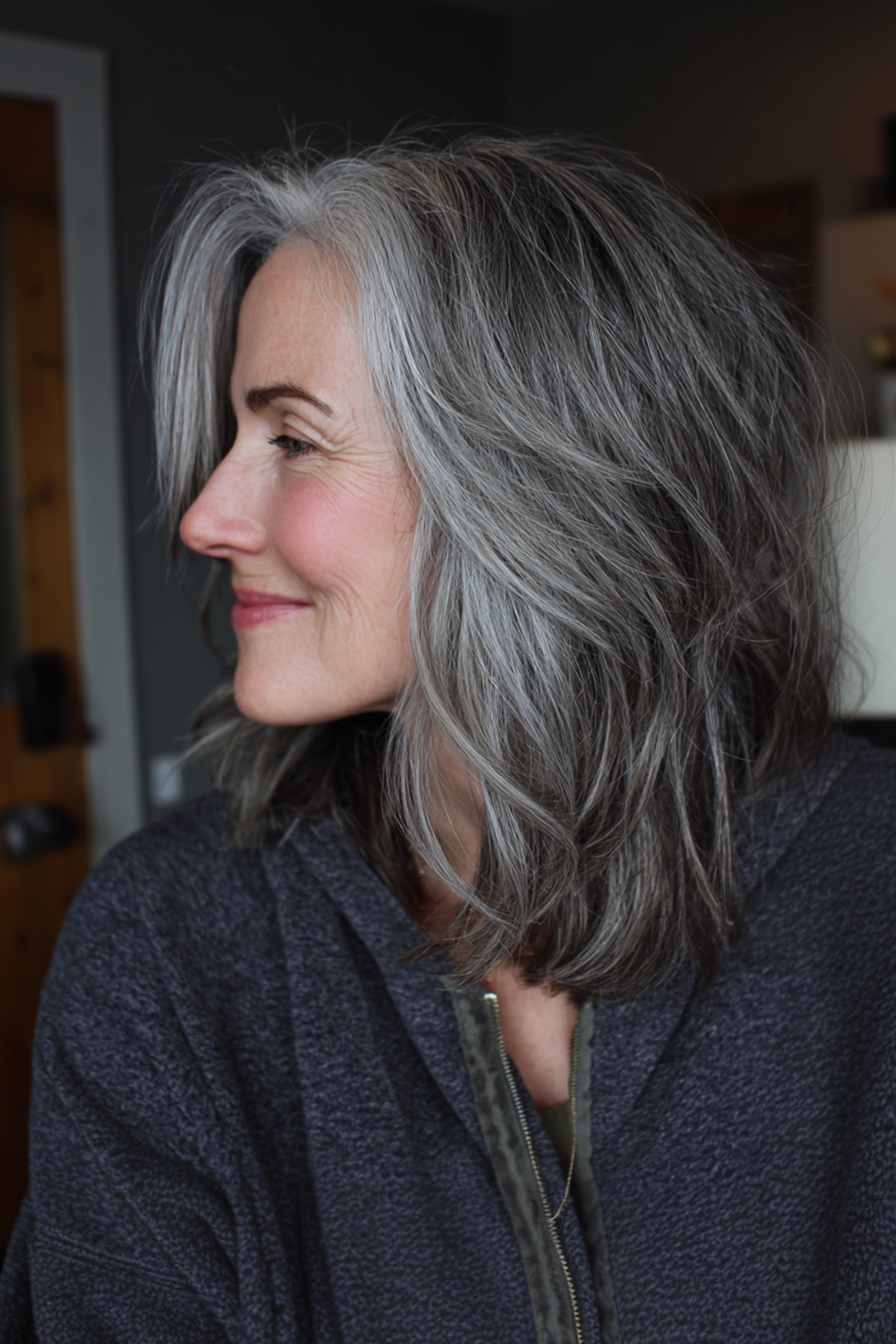 16. Rauchiger Silber langer Shag (Herbsthaarschnitte für Frauen über 50) - Herbsthaarschnitte für Frauen über 50
