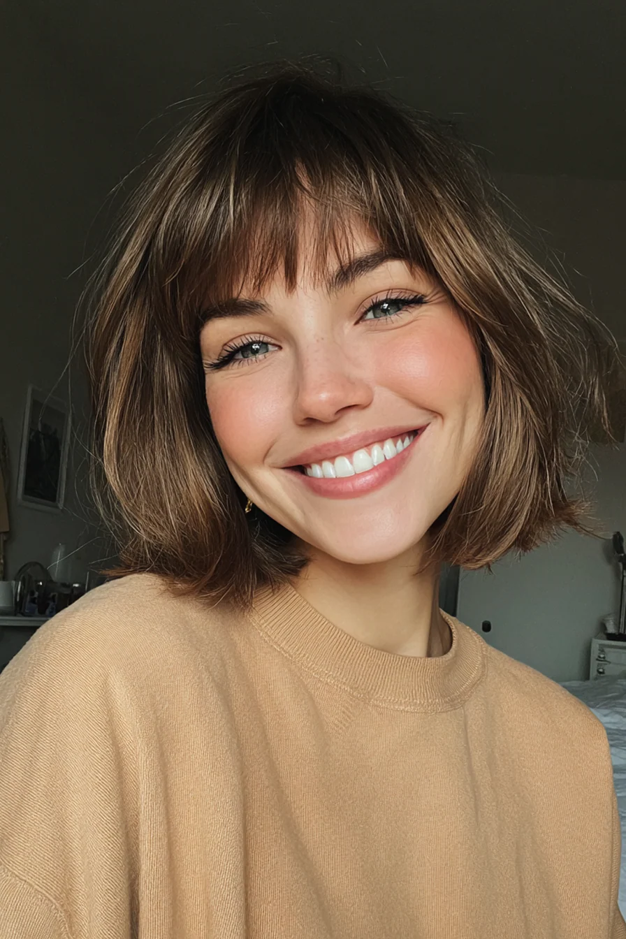 16. Weicher Abschluss-Bob mit ahornbraunem Pony (Bob-Frisuren mit Pony) – Bob-Frisuren mit Pony