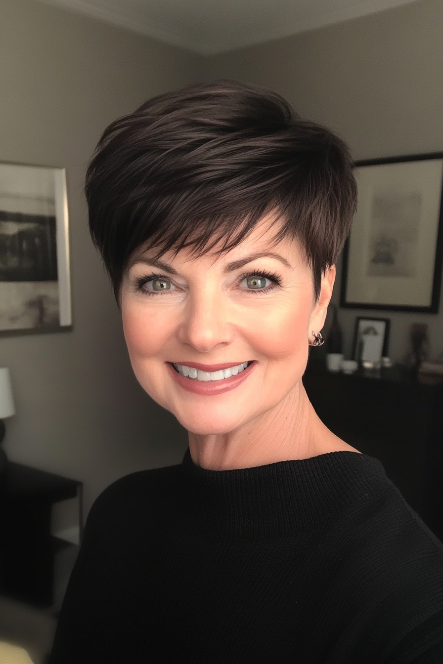 16. Weicher Undercut-Pixie in tiefem Espresso (Kurze, dünne Haarschnitte für ältere Frauen) – Kurze, dünne Haarschnitte für ältere Frauen