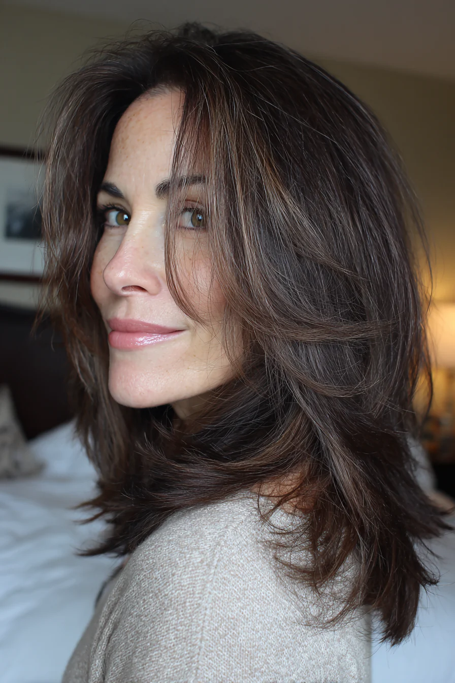 16. Stapelschnitt mit dunkelbraunem Ansatz (Haarschnitte für Frauen über 50 mit dunklem Haar) – Haarschnitte für Frauen über 50 mit dunklem Haar