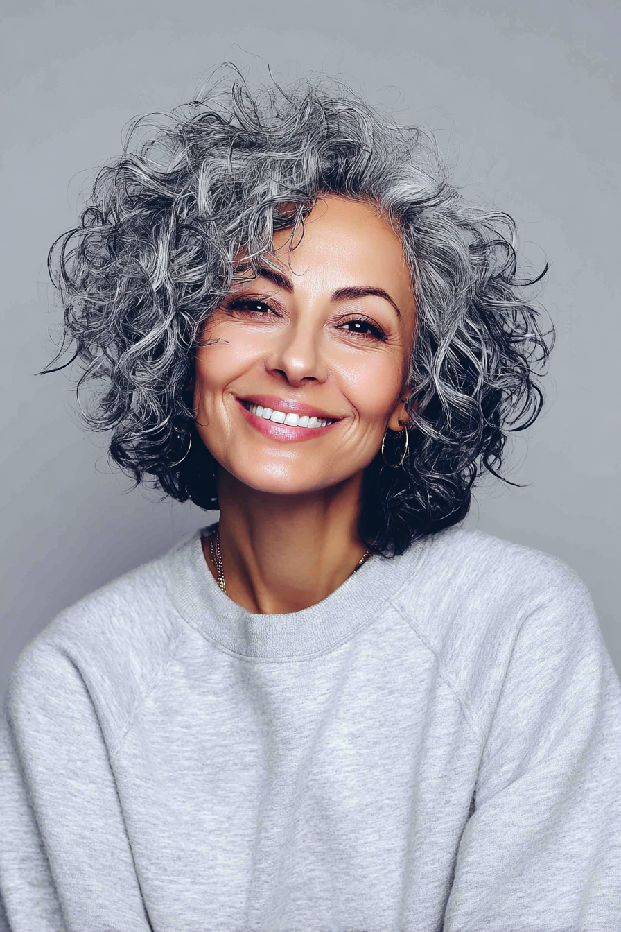 16. Stahlgrau Curly Bob (graue Frisuren für Frauen über 40) - graue Frisuren für Frauen über 40