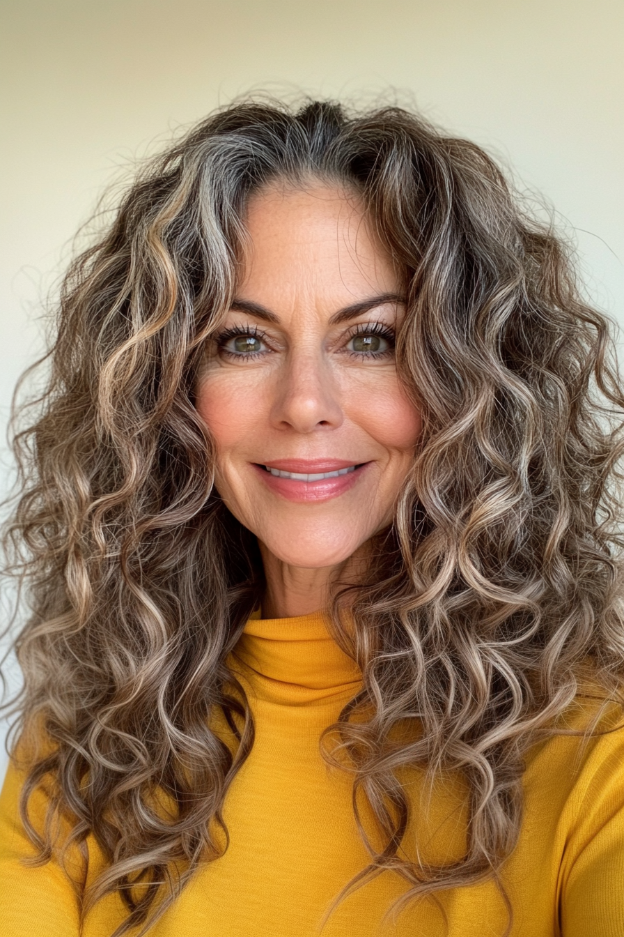 16. sonnenverwöhnte Brünette mittelgroße Schichten (Haarschnitte für ältere Frauen mit lockigem Haar)-Haarschnitte für ältere Frauen mit lockigem Haar