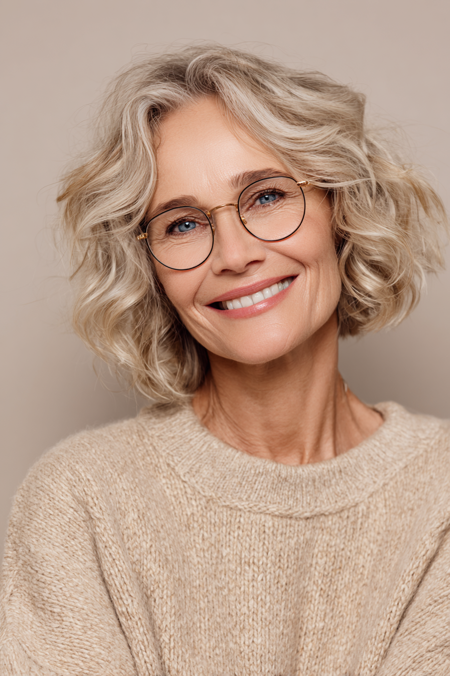 16. Sunlit Beige Wavy Bob (kurze Frisuren für Frauen über 50 mit Brillen) - kurze Frisuren für Frauen über 50 mit Brille