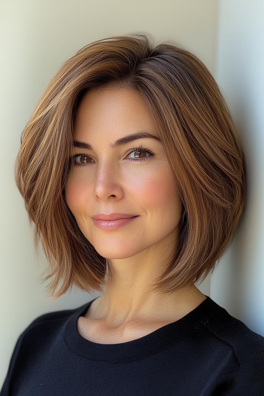 16. Tapered Bob mit Kastanien- und dunklen Blonden Lowlights (kurze Haarschnitte für Frauen über 50 mit dickem Haar) - kurze Haarschnitte für Frauen über 50 mit dickem Haar