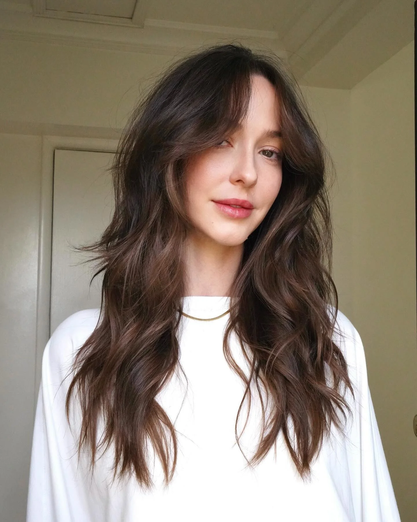 16. Strukturierter Curtain Bangs mit tiefem Schokoladenbraun (Curtain Bangs-Frisuren)