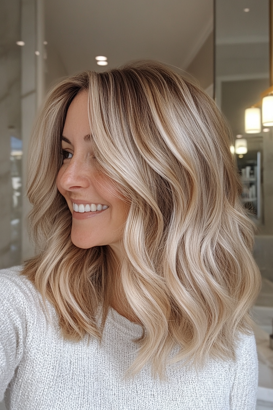 16. Zähle Wellen mit mittlerer Länge mit Sandblond (beste Haarschnitte für Frauen über 40) - beste Haarschnitte für Frauen über 40