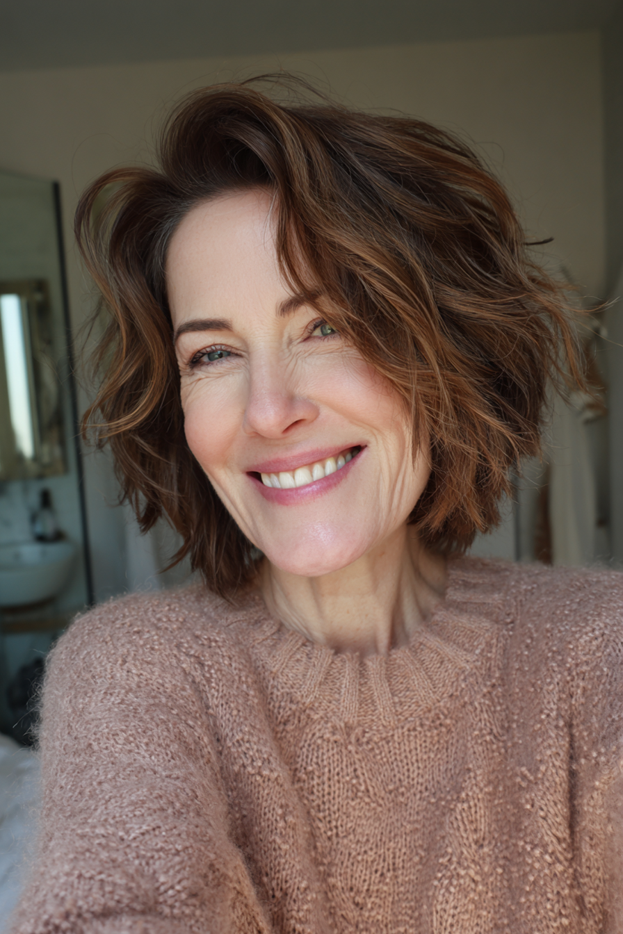 16. Zerzauster Rasiermesserschnitt mit dezenter Auburn-Tönung (Unordentliche Frisuren für Frauen über 50) – Unordentliche Frisuren für Frauen über 50