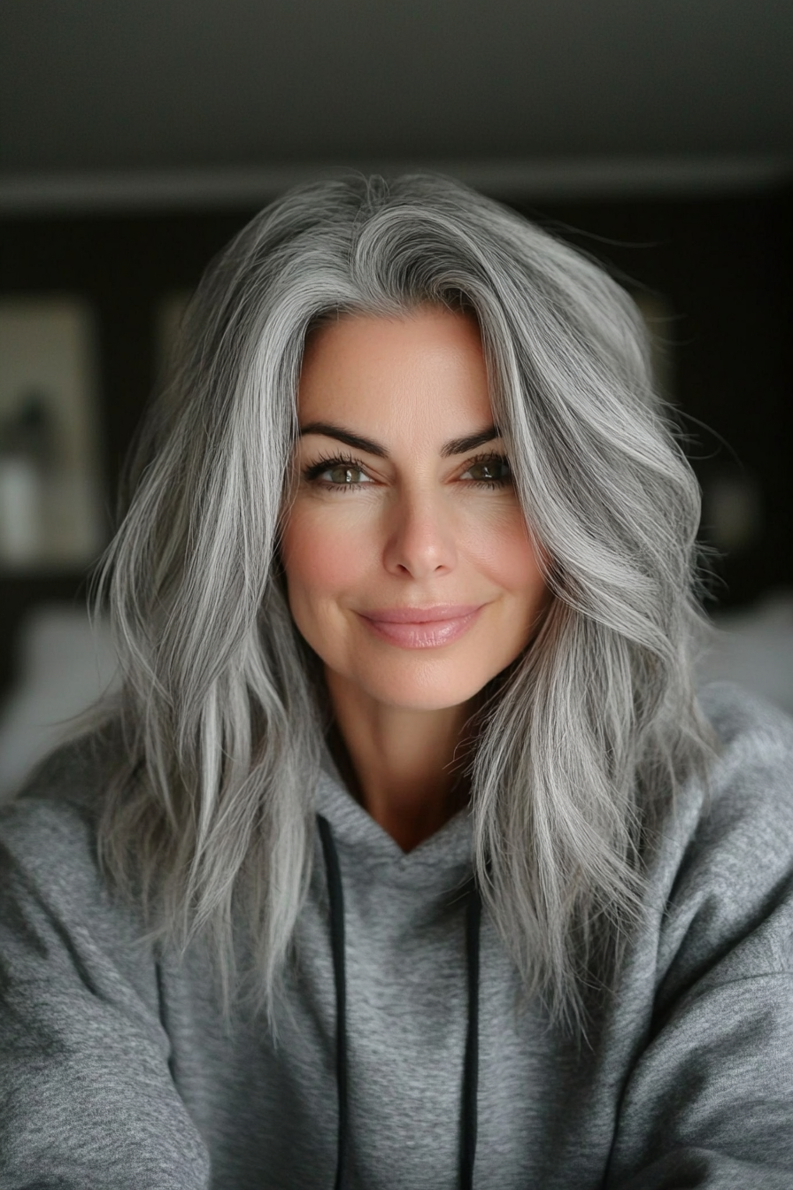 16. zerzauste schulterlange Shag in Rauchgrau (Frisuren für ältere Frauen mit grauem Haar) - Frisuren für ältere Frauen mit grauem Haar