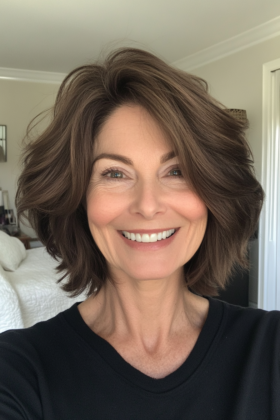 16. Voluminöses Kinnlänge mit neutralen Brünetten (Frisuren für Frauen über 60 mit dickem Haar) - Frisuren für Frauen über 60 mit dicken Haaren