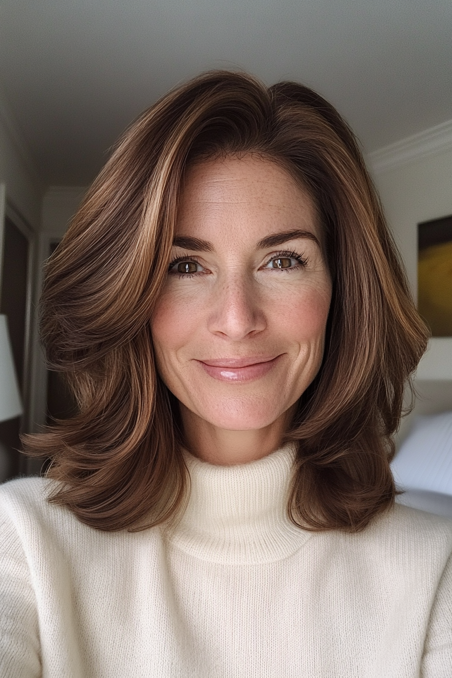 16. Warm Brünette Lob mit leichten Schichten (neue Frisuren für Frauen über 50) - neue Frisuren für Frauen über 50