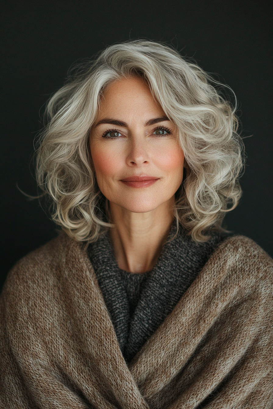 16. Warm Sand Curly Lob (freche Haarschnitte für ältere Frauen) - freche Haarschnitte für ältere Frauen