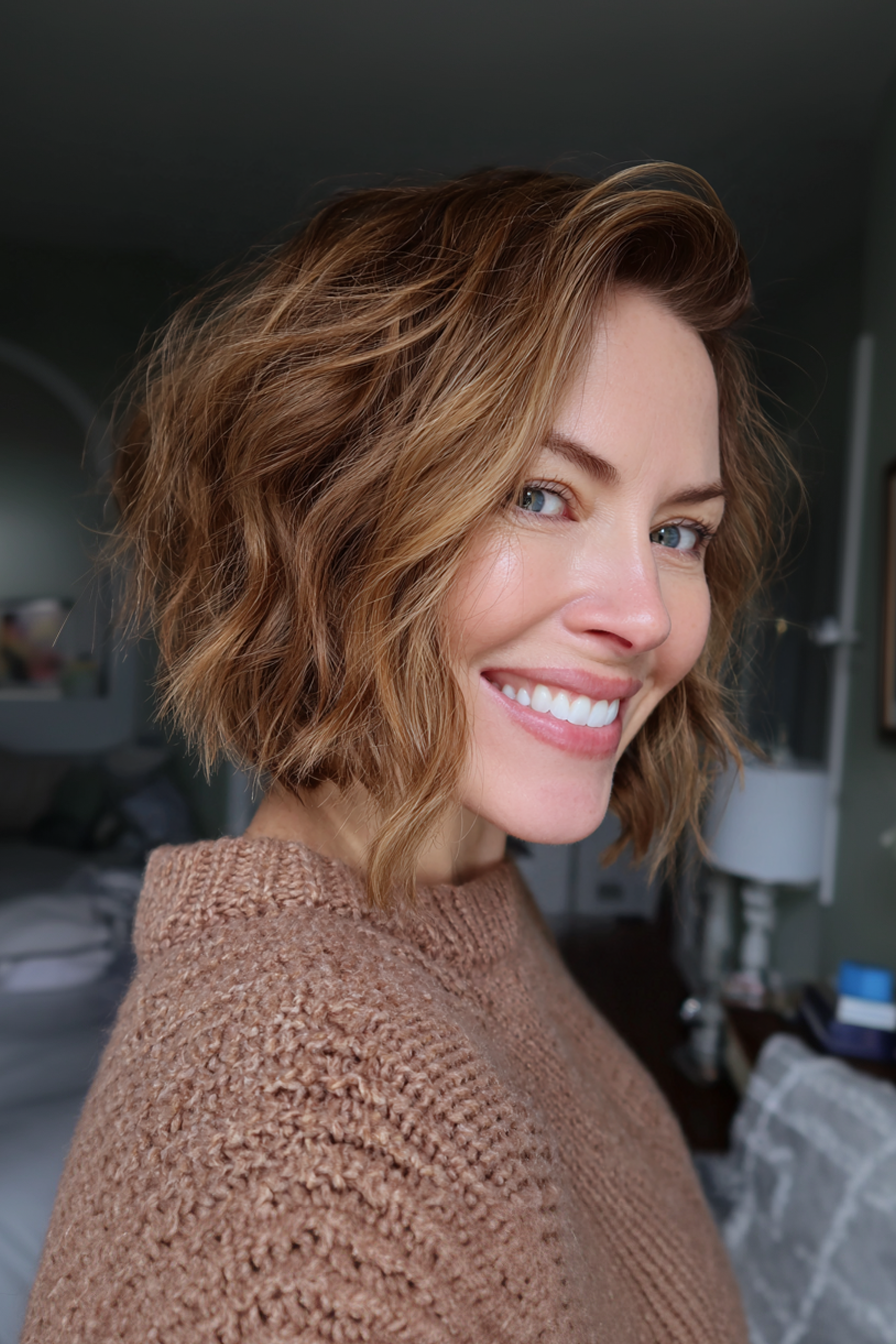 16. Wellig abgleerte Bob in warme Bronze (wellige Frisuren für ältere Frauen) - Wellenfrisuren für ältere Frauen