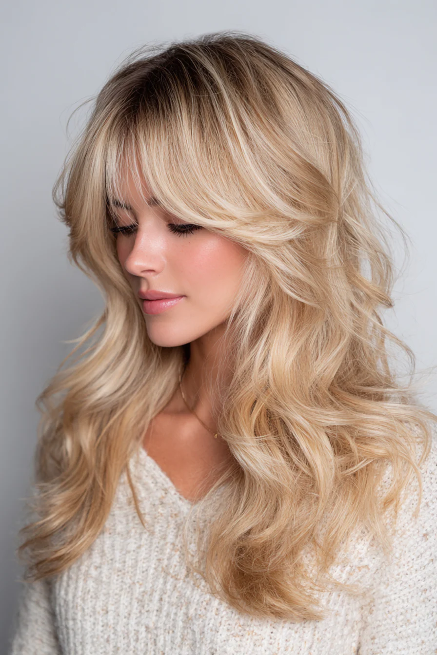 16. Welliger Schlüsselbeinschnitt mit butterblonden Curtain Bangs (Curtain Bangs Haircuts) – Curtain Bangs Haircuts