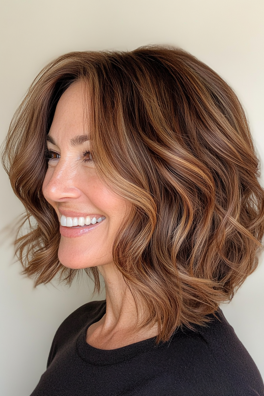 16. Wellenlöbe in reichhaltiger Brown mit Karamelltönen (mittel- bis kurze Haarschnitte für Frauen über 50) - mittel- bis kurze Haarschnitte für Frauen über 50