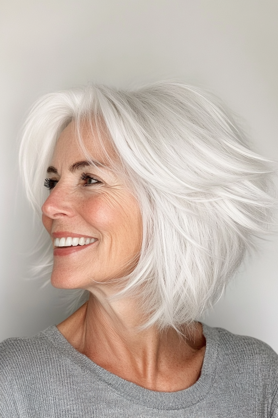 16. White Wispy Bob mit eckigen Linien (kantige Frisuren für Frauen über 60) - kantige Frisuren für Frauen über 60