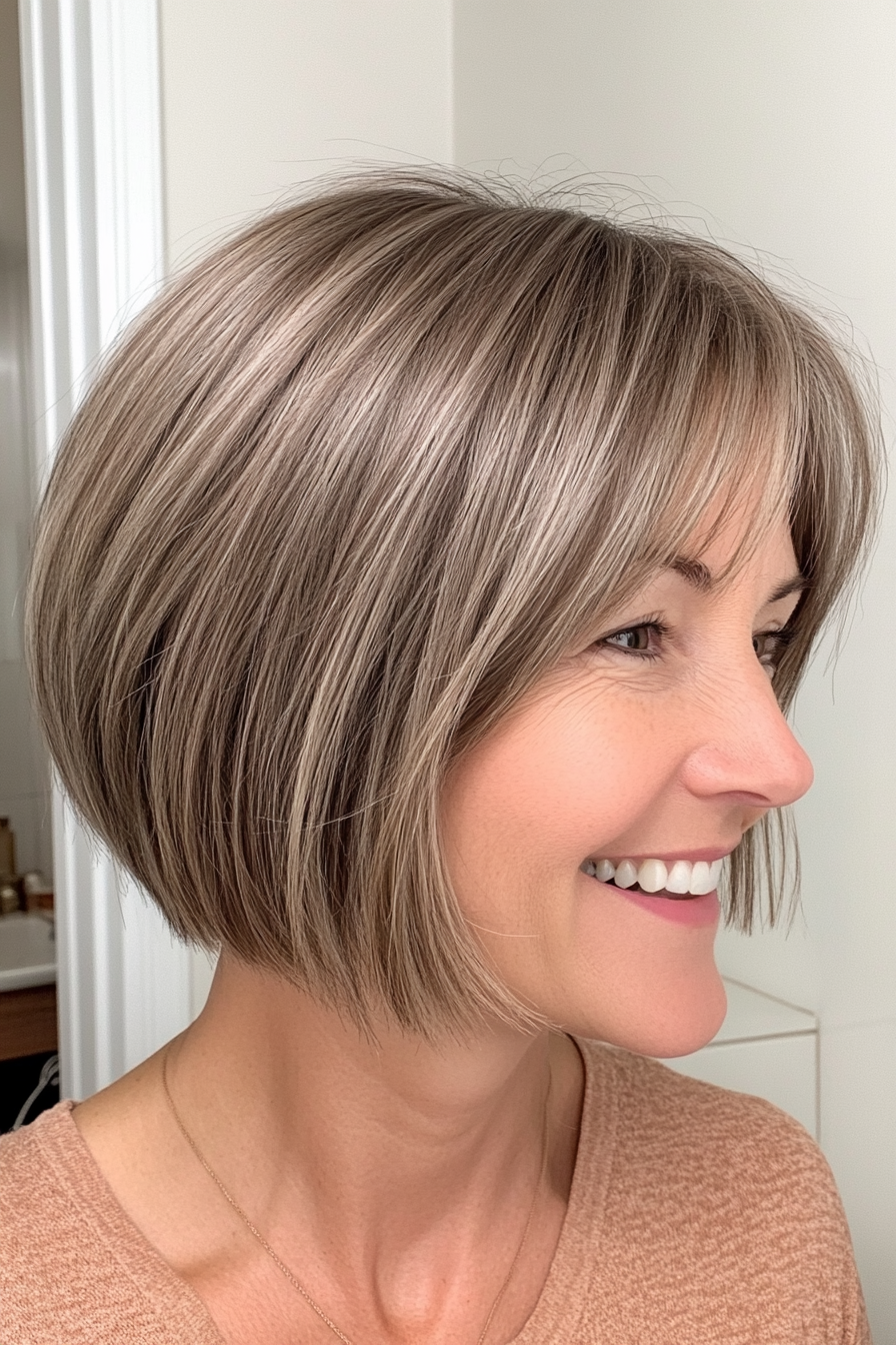 16. Wispy Pony mit einer sandigen Brünetten Bob (einfache Haarschnitte für Frauen über 40) - einfache Haarschnitte für Frauen über 40