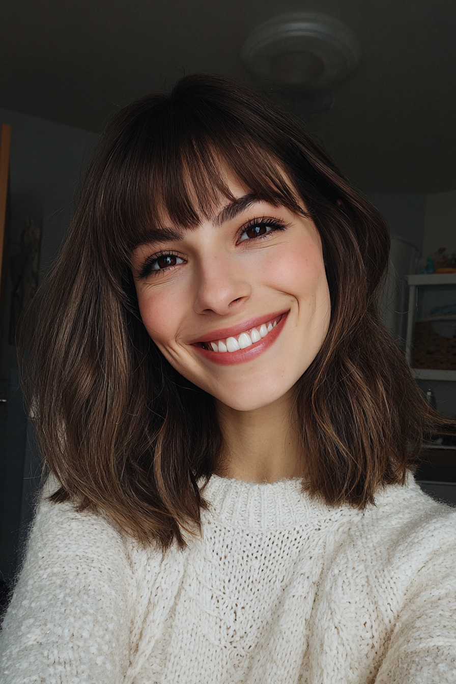 17. Abgleer Lob mit aschbraunen Pony (lange Bob -Frisuren mit Pony) - Lange Bob -Frisuren mit Pony