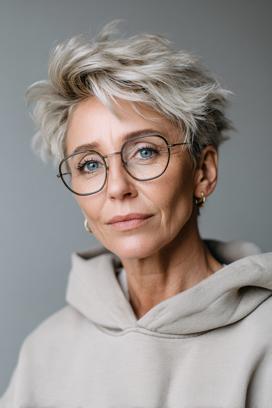 17. Ascheblonde Shag Shag (kurze Frisuren für Frauen über 50 mit Brillen) - kurze Frisuren für Frauen über 50 mit Brillen