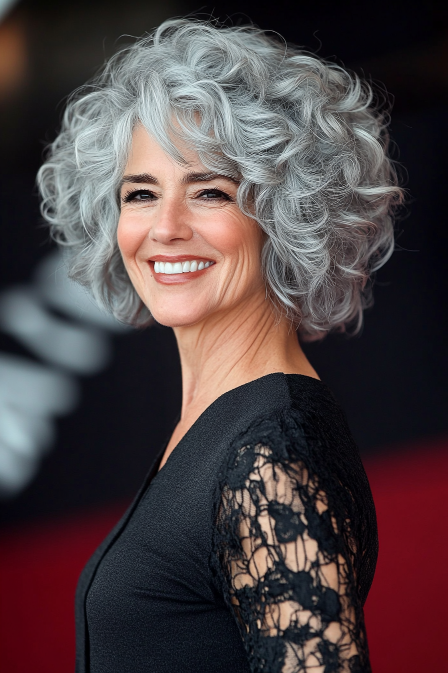 17. Aschegrau gekürztes Locken mit Rand (kantige Frisuren für Frauen über 60) - kantige Frisuren für Frauen über 60