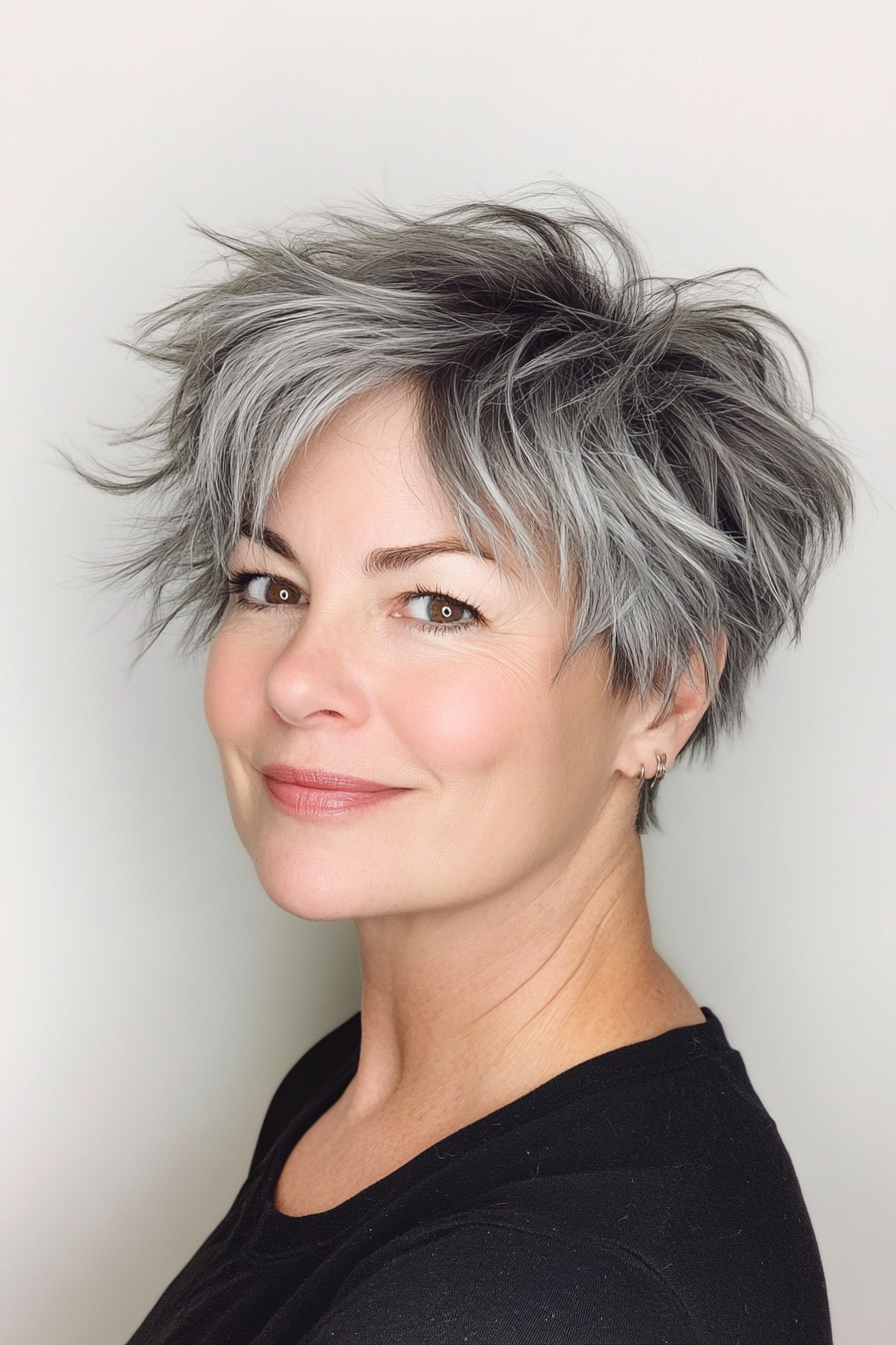 17. Ash Grey Messy Pixie (lustige kurze Haarschnitte für Frauen über 50) - lustige kurze Haarschnitte für Frauen über 50
