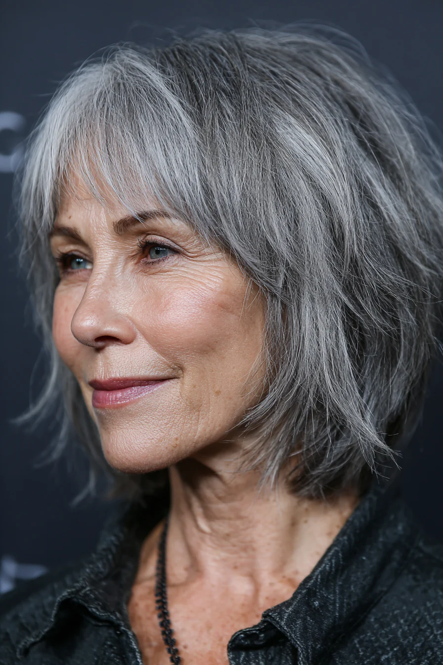 17. Aschgrauer, zotteliger Bob mit rasiertem Pony (Bob-Haarschnitte mit Pony für Frauen über 50) – Bob-Haarschnitte mit Pony für Frauen über 50