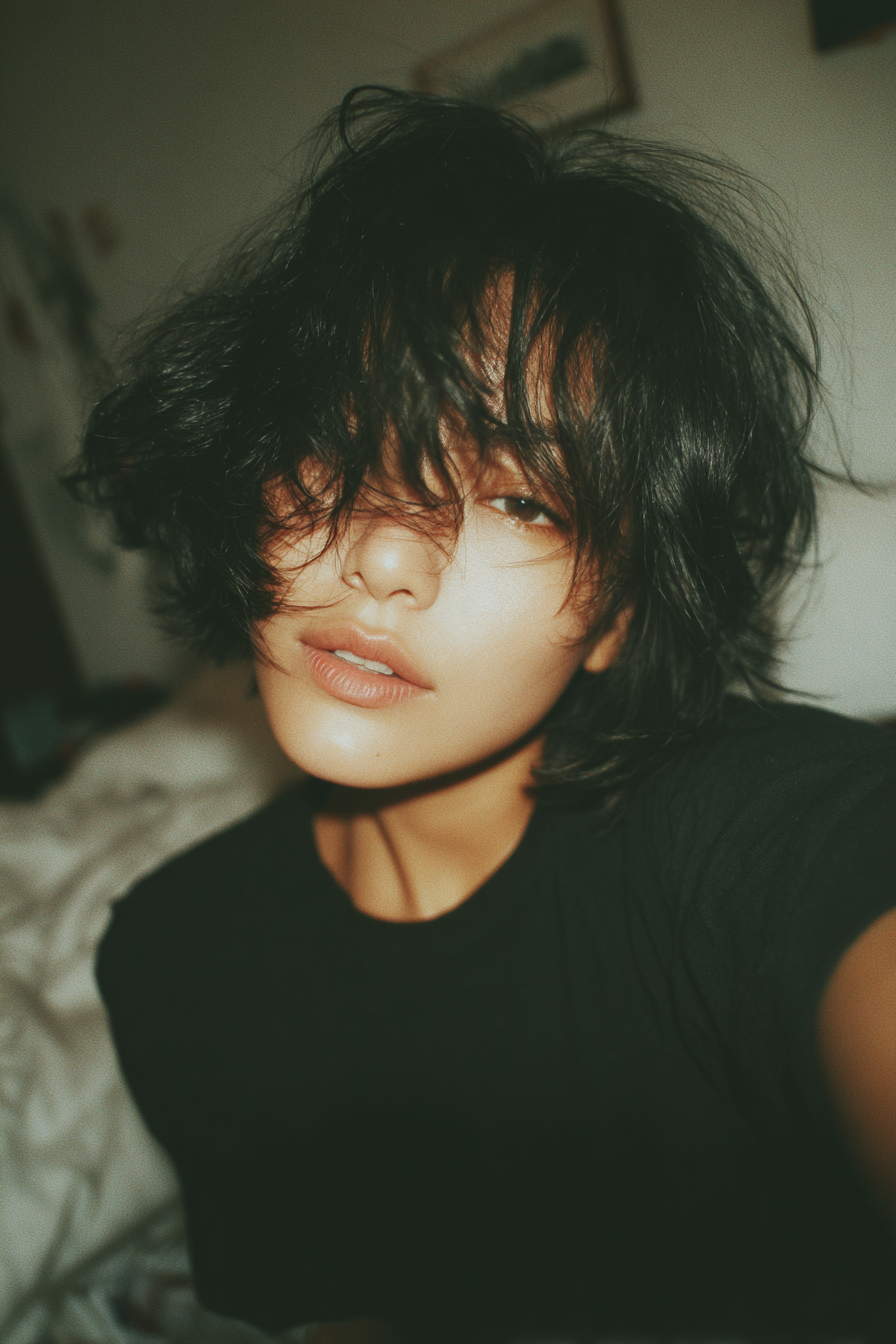 17. Ashy Black Feathered Crop (geschichtete, unordentliche Haarschnitte) – geschichtete, unordentliche Haarschnitte