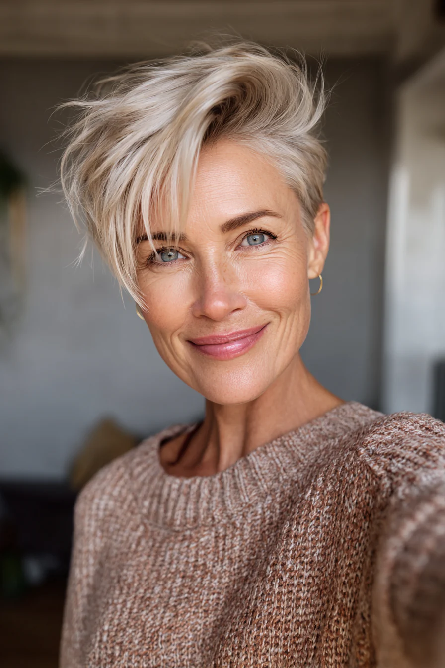 17. Beigeblonder, seitlich gescheitelter, sich verjüngender Schnitt (kurze Frisuren für Frauen über 50 mit dickem Haar) – Kurze Frisuren für Frauen über 50 mit dickem Haar