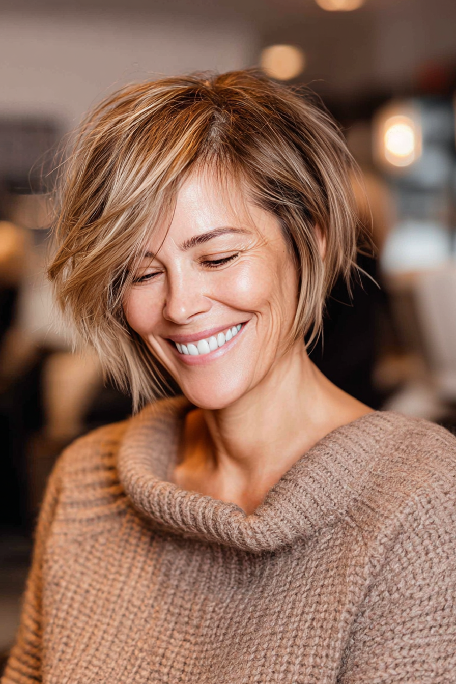 17. Bixie Cut mit Honigblondenfarben (schicke kurze Haarschnitte für Frauen über 40) - schicke kurze Haarschnitte für Frauen über 40