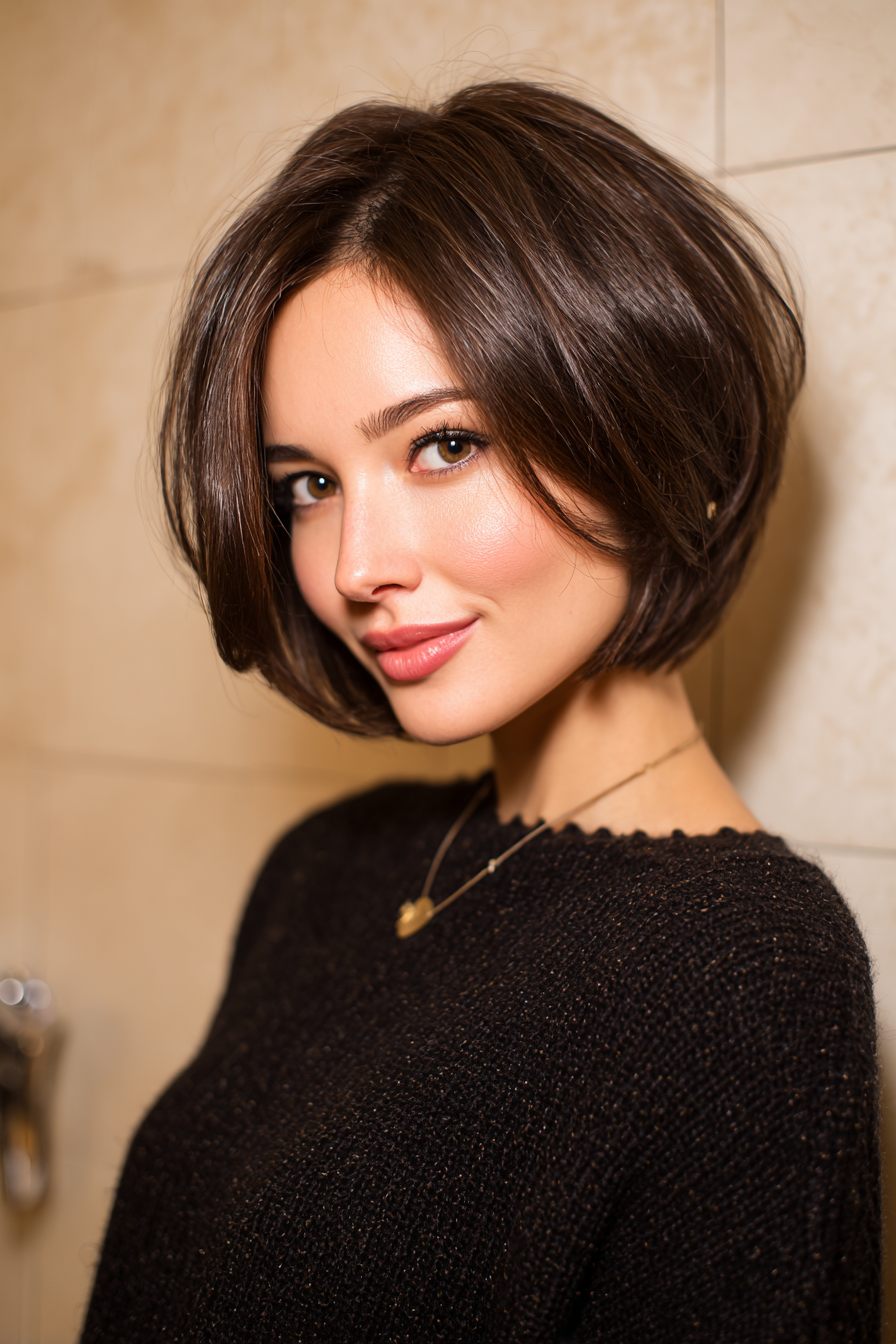 17. Bob mit Mikroschichten und coole Brünette (moderne Frisuren für Frau über 40) - Moderne Frisuren für Frau über 40