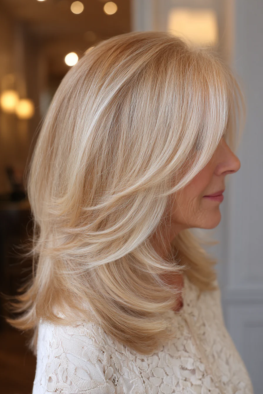 17. Schmetterlingsschnitt mit Champagnerblond (lange Frisuren für Frauen über 60 mit dünnem Haar) – Lange Frisuren für Frauen über 60 mit dünnem Haar