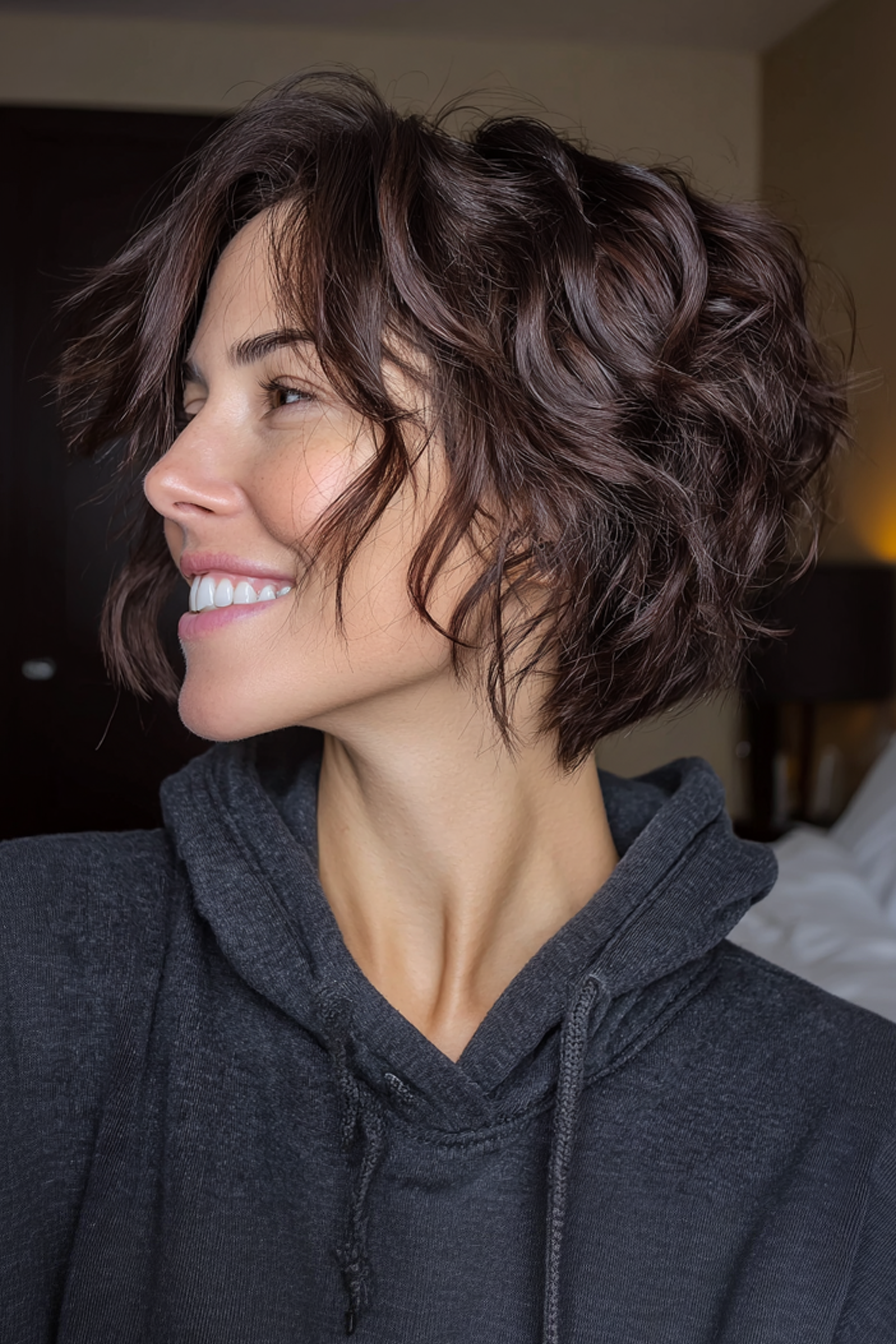 17. Schokoladenbraune Wellen (kurze Frisuren für Frauen über 50 mit welligen Haaren) - kurze Frisuren für Frauen über 50 mit welligen Haaren