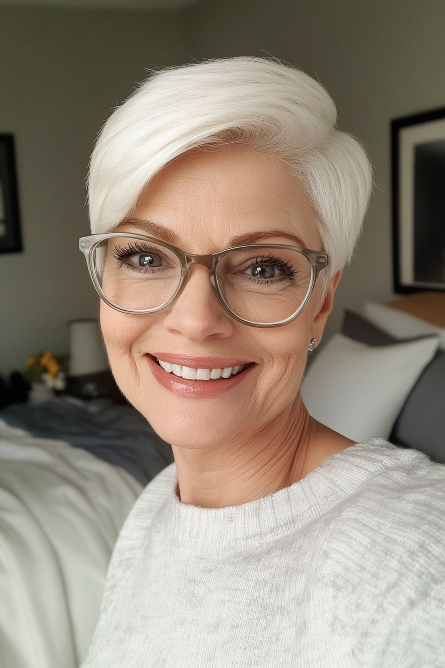 17. Klassischer weißer Pixie mit klaren Linien (Pixie-Haarschnitte für Frauen über 60 mit Brille) – Pixie-Haarschnitte für Frauen über 60 mit Brille