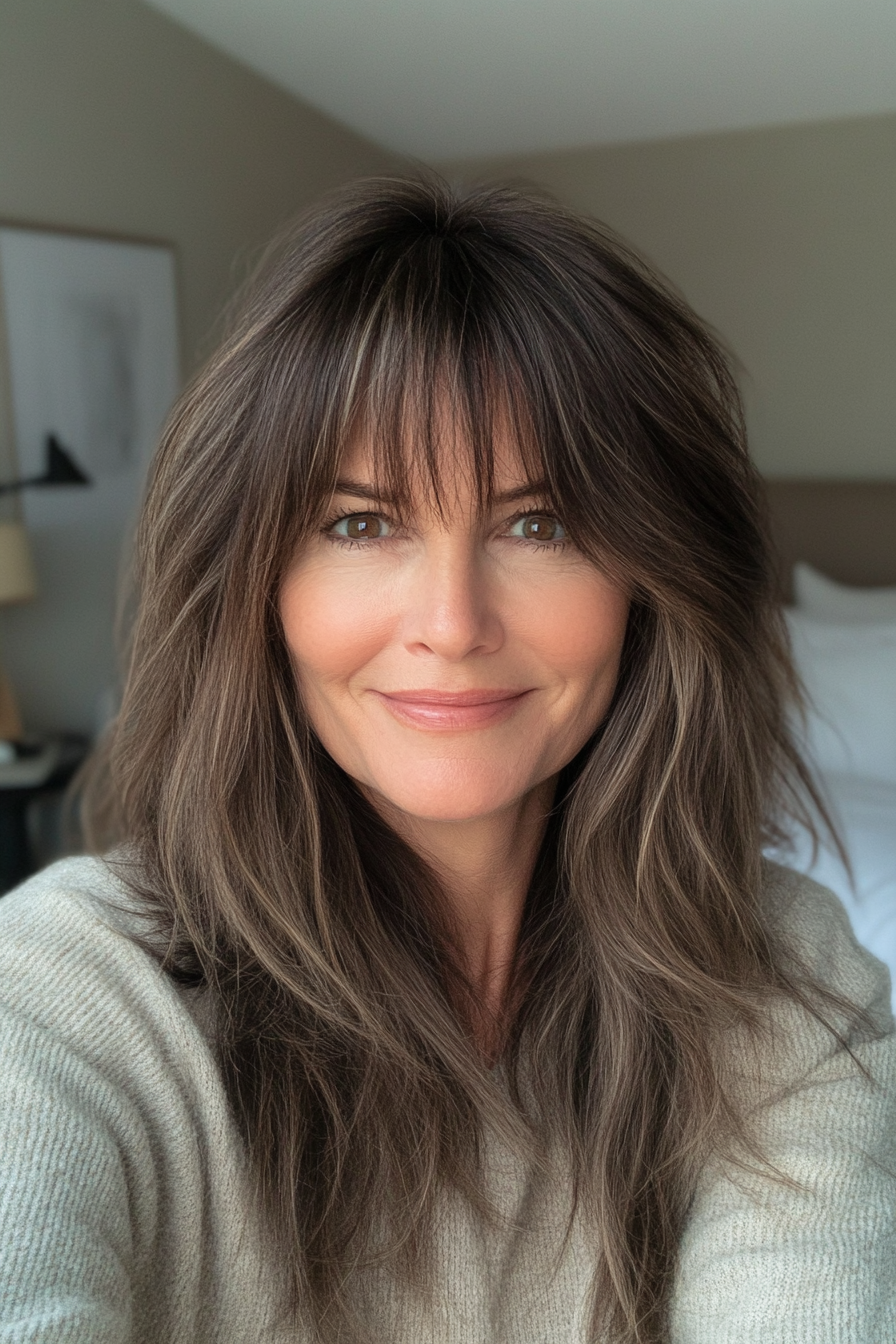 17. Cool Brewnette Medium Shag (zottelige Haarstile für Frauen über 50) - Shaggy Layered Frisuren für Frauen über 50