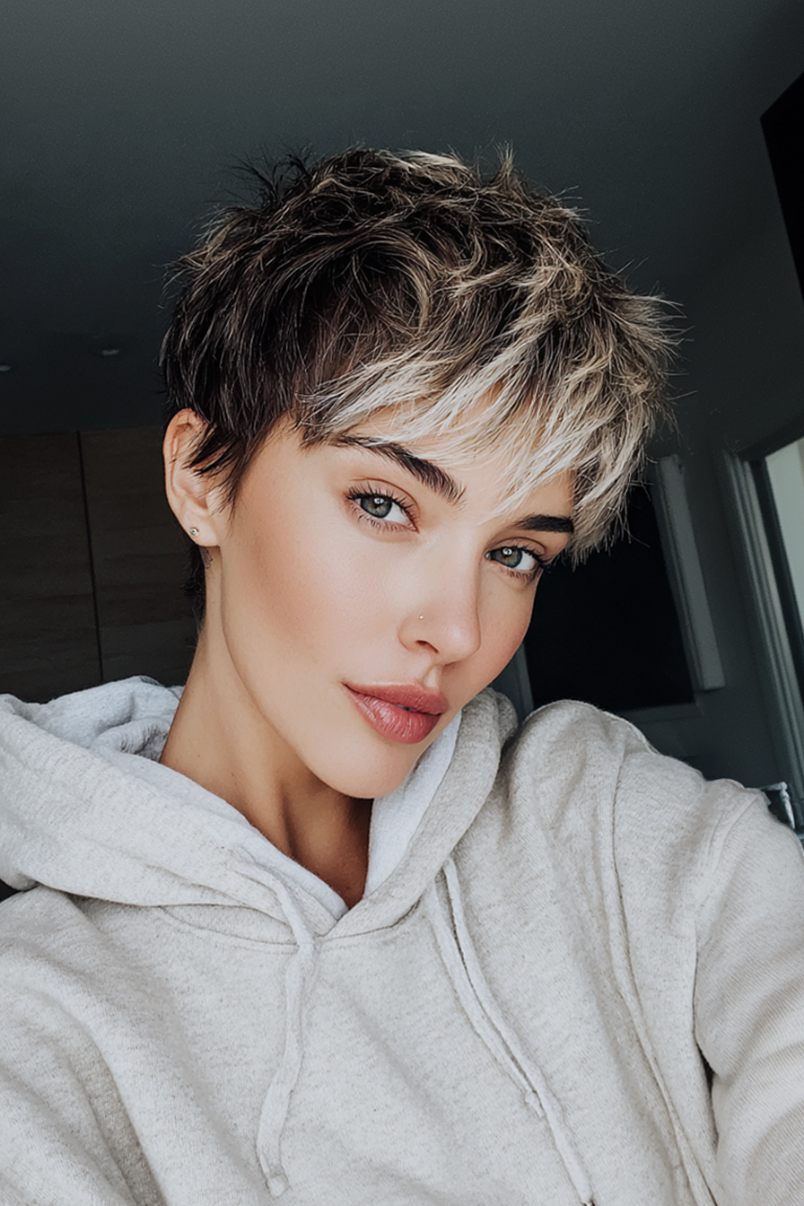 17. Frostierte brünette abgehackte Pixie (Pixie -Frisuren für Frauen über 40) - Pixie -Frisuren für Frauen über 40