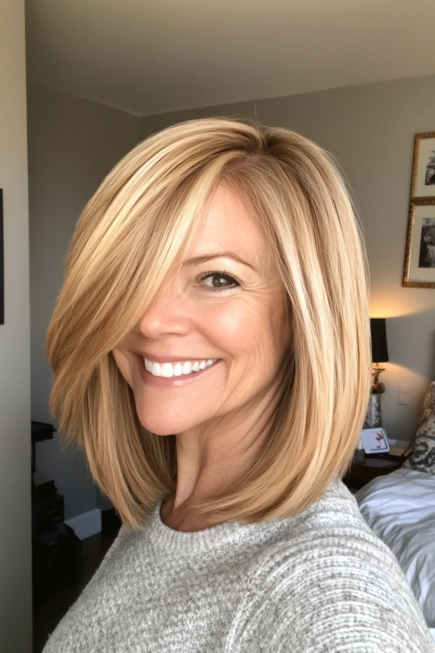 17. Golden Blonde gerade Ernte mit Seitenteil (glatte Frisuren für ältere Frauen) - Straße Frisuren für ältere Frauen