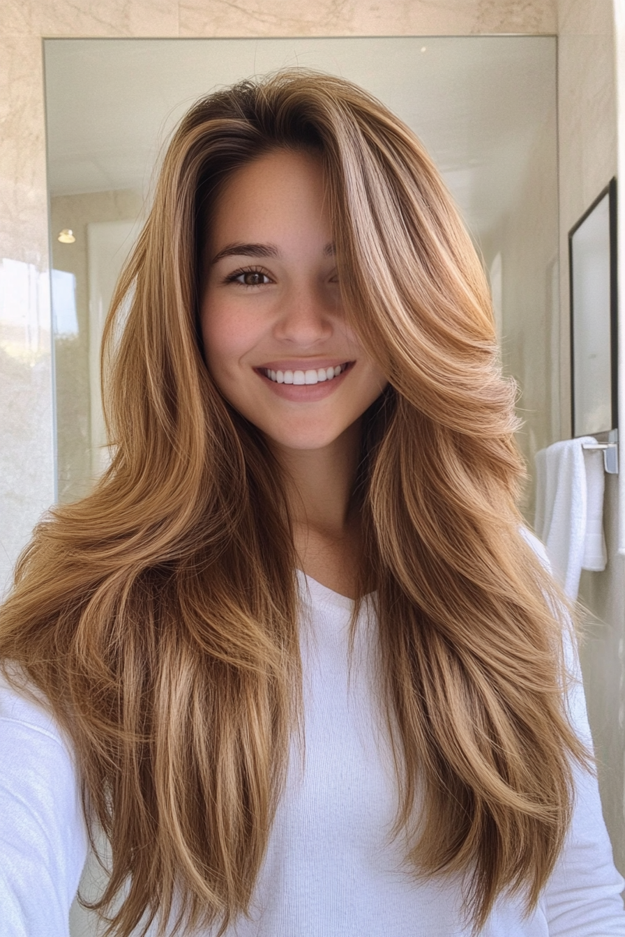 17. Golden braune U -Cut -Schichten (lang geschichtete Haarschnitte) - lang geschichtete Haarschnitte