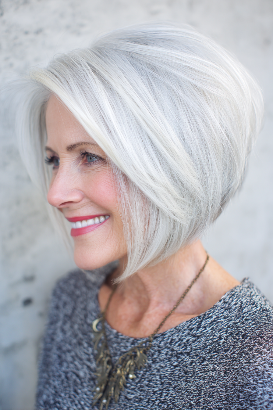 17. Icy Silver Stacked Bob (Weiße Frisuren für Frauen über 50) – Weiße Frisuren für Frauen über 50